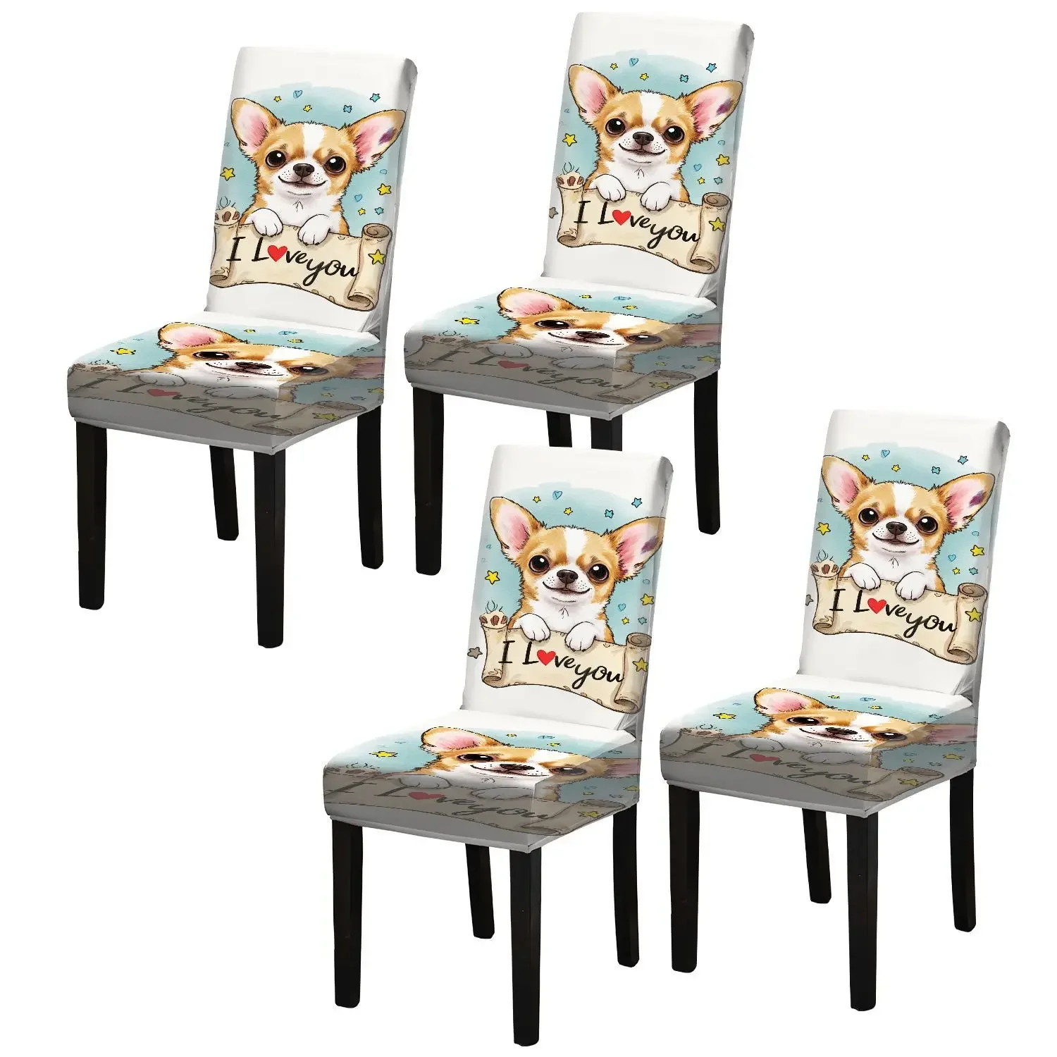 Elastic dining chair cover, cute puppy animal pattern, removable and washable machine washable household dining chair cover