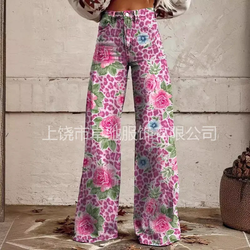 Celana Jeans Imitasi Tipis Kasual Fashion Wanita Ukuran Besar untuk Perdagangan Lintas Batas AliExpress Eropa Amerika, Model Kaki Lebar Panjang