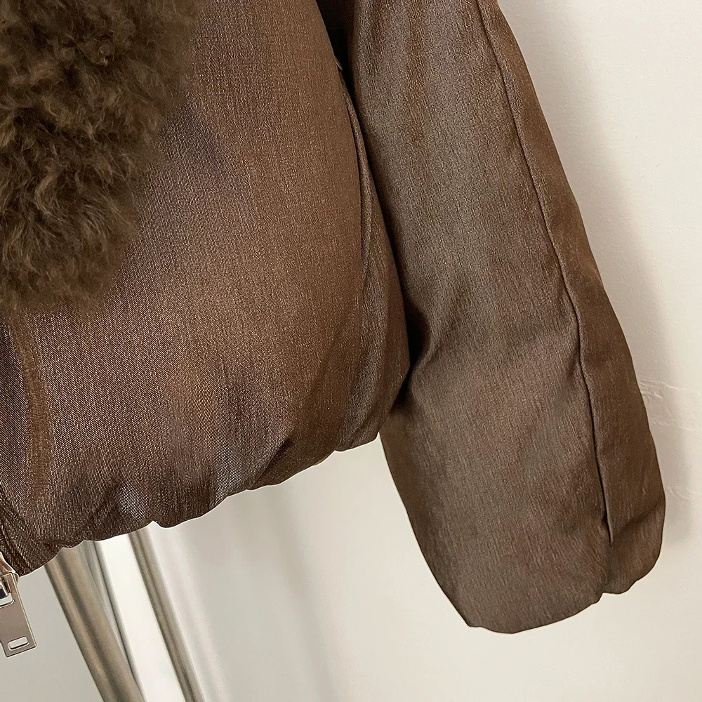 OFTBUY Shiny Zipper Duck Down Jacket Female Warm Outerwear Winter Real Lamb Fur Collar Coat Women Cropped Loose Puffer Coat