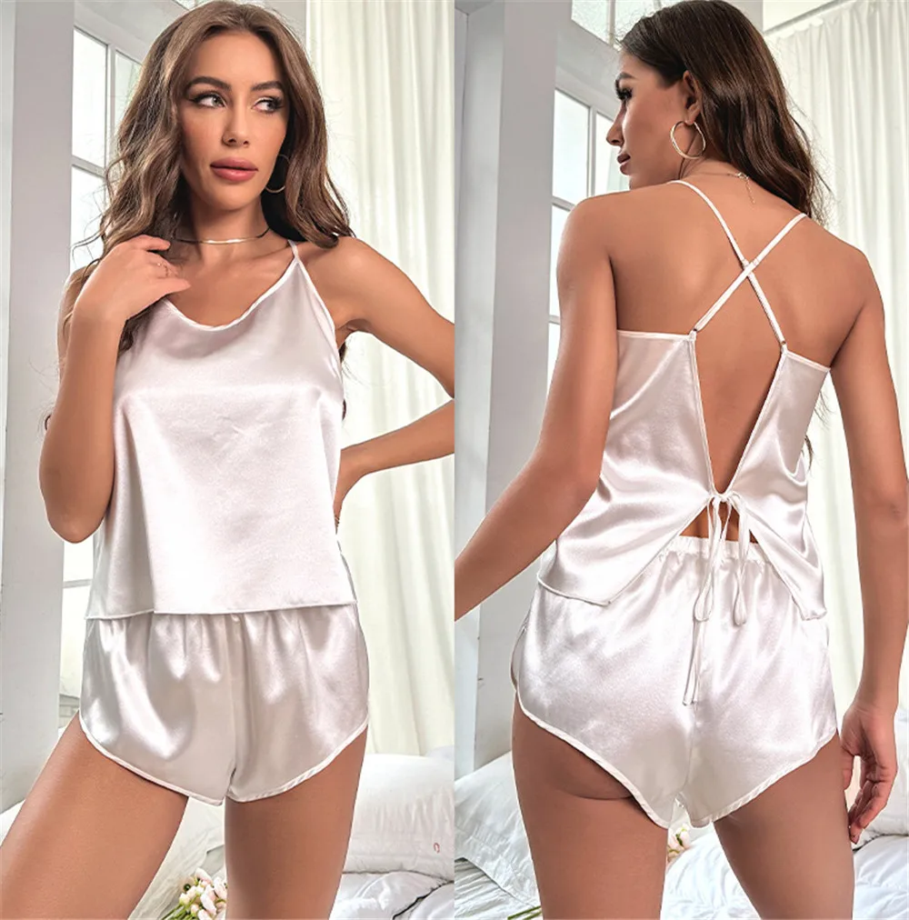 Women Pajamas Two Piece Set Sexy Back Split Strap Top Shorts Sleepwear Loose Silk Satin Home Wear