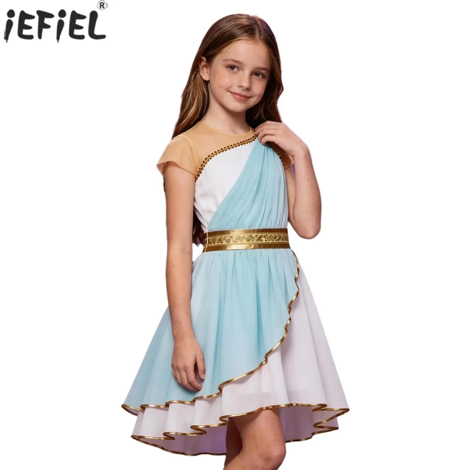 Kids Girls Ancient Greek Roman Princess Athena Toga Costume Short Sleeve Metallic Embroidered Dress for Halloween Party Cosplay