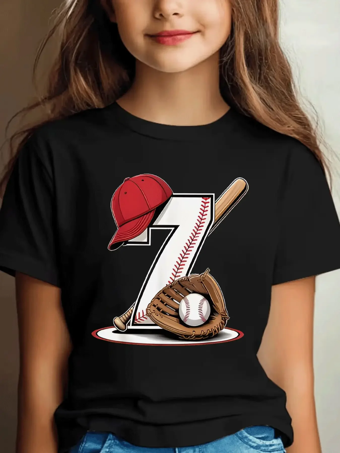 Youth Short Sleeve Tee Baseball Cap Bat Glove Number Seven Art Print Crew Neck Boys Girls Birthday Casual Wear Top