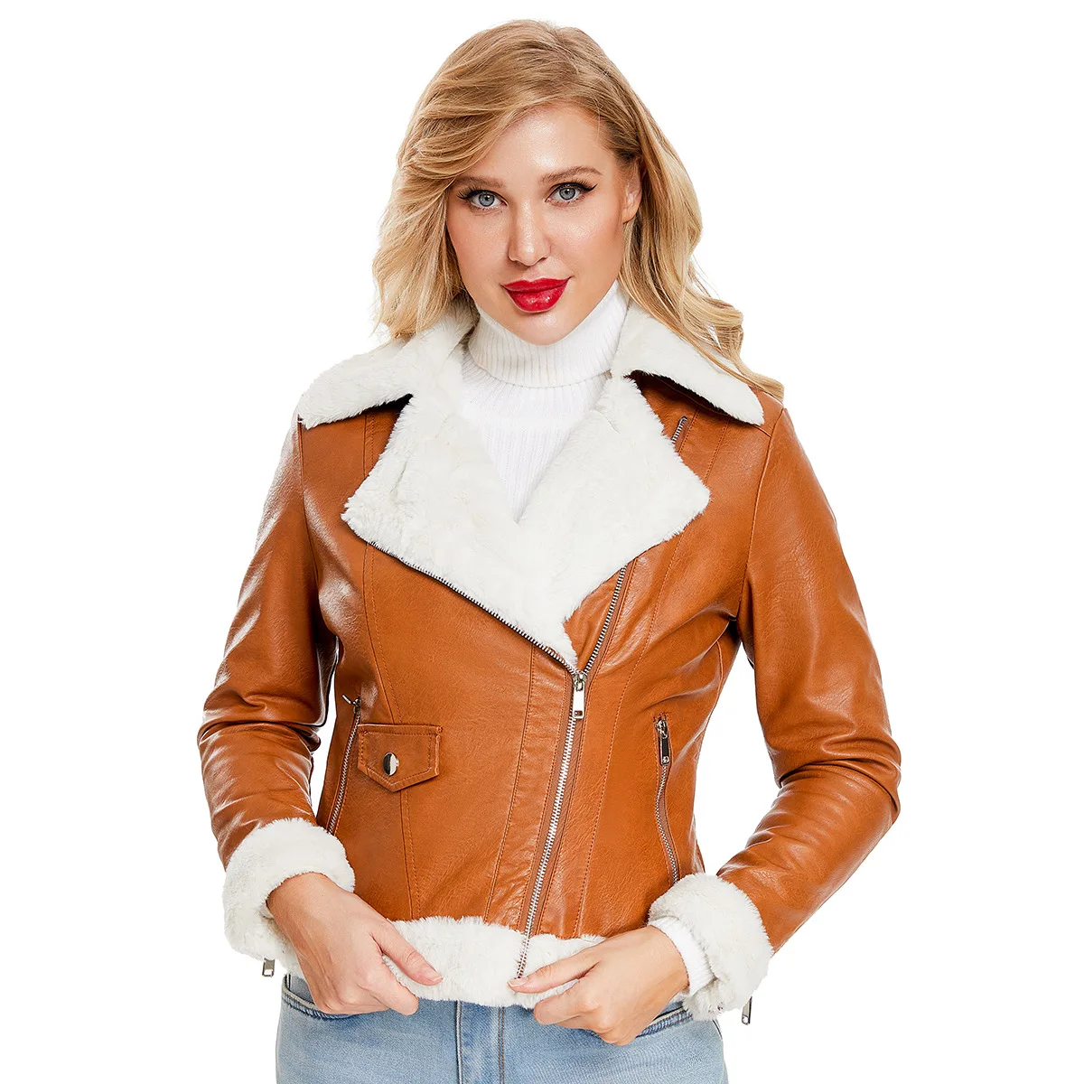 Women Winter Leather Jacket Plush Lining Warm Female Coats