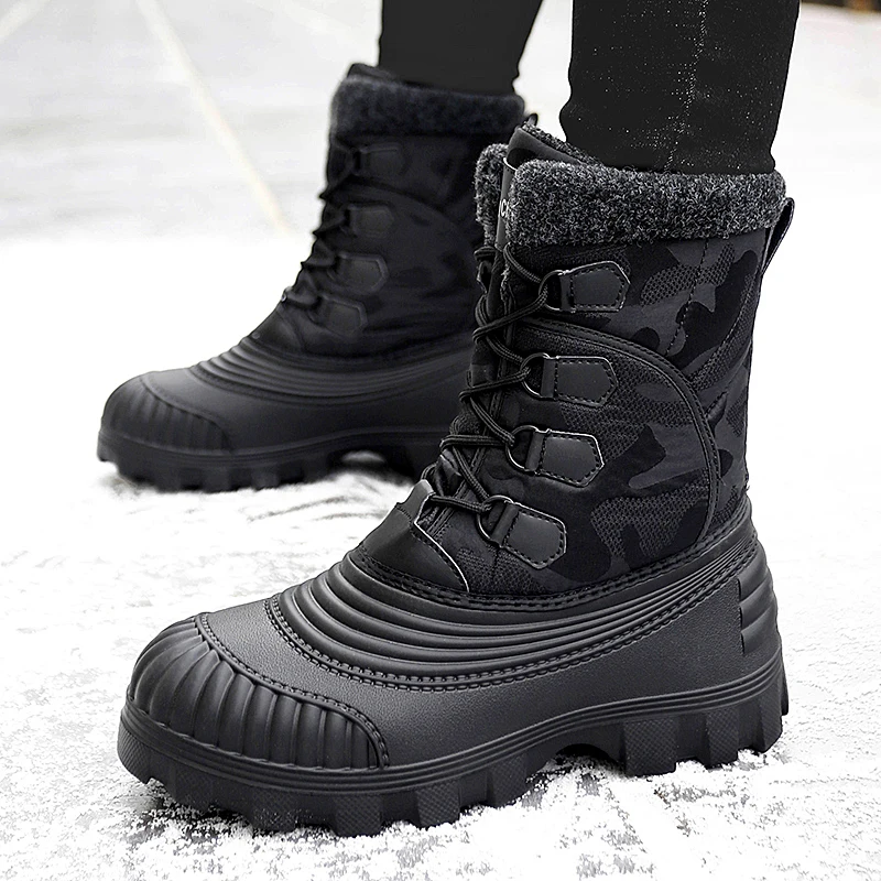 Botas de tornozelo de neve forro de pelúcia masculino, impermeável, antiderrapante, confortável, quente, ao ar livre, camurça, esqui, inverno