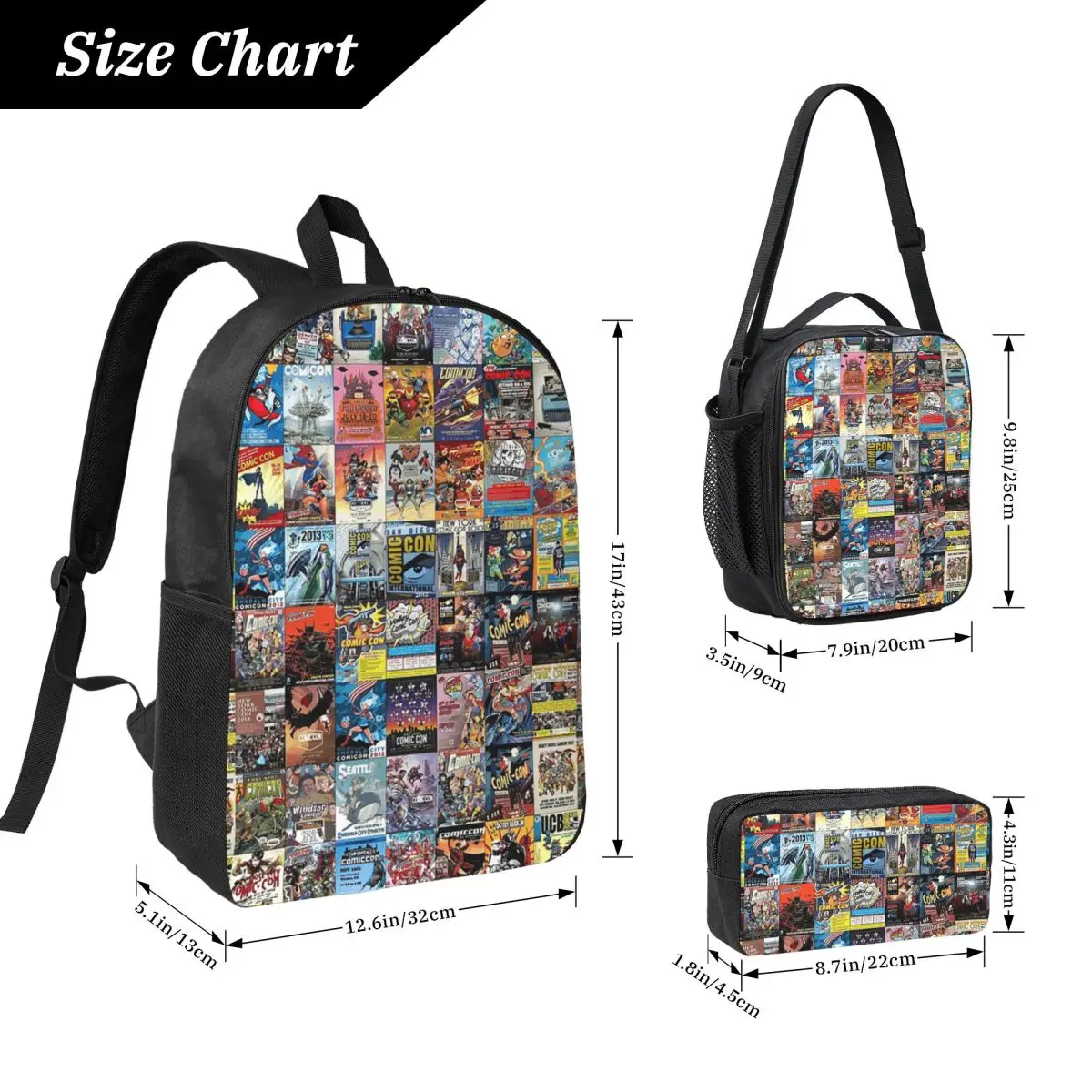 Comic Con Backpack Student Boys Girls BookBag School Bag Computer Shoulder Bags 3ps Insulated Lunch Bag Pencil Case