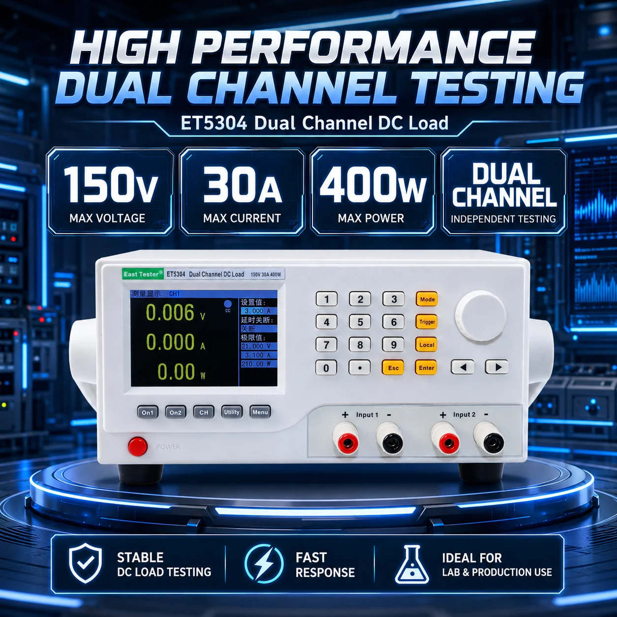 ET5304 Dual-Channel Electronic Load, 400W 150V 30A, Independent Channel Control Parallel Testing and Multi-Device Verification