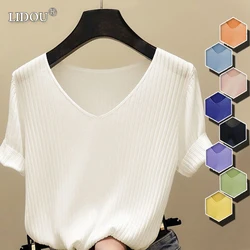Ice Silk Short Sleeve T-shirts Women's 2022 Summer New Korean Version Slim Fit Half-sleeve V-neck Casual Bottoming Trend Tops