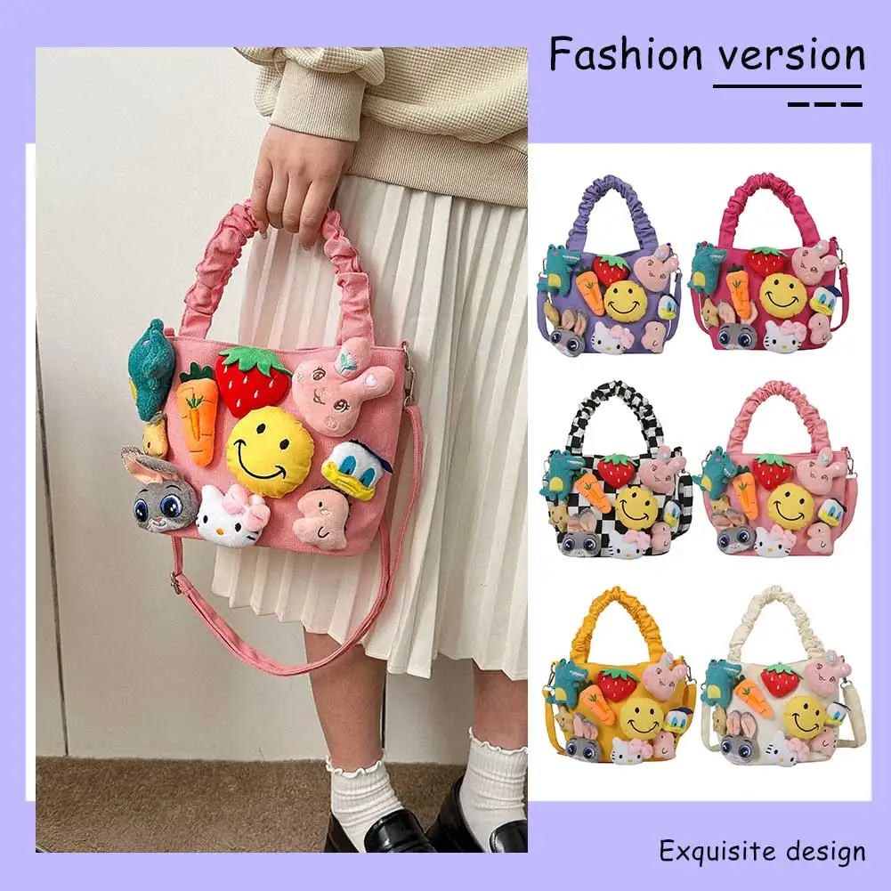 Girls Canvas Shoulder Bag Adjustable Strap Women Cartoon Crossbody Handbags Casual Versatile Funny Patchwork Toy Figure Tote Bag