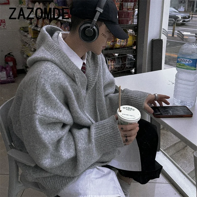 ZAZOMDE Winter Warm Sweater Hoody Japanese Style Loose Solid Color Hooded Sweater Collection Lazy Style Knit Sweater Pullove Men