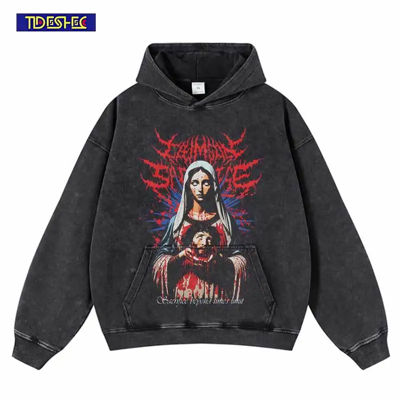 Oversize Hoodie Streetwear Hip Hop Scary Girl Holding The Head Print Punk Gothic Y2K Hooded Sweatshirt Harajuku Pullover