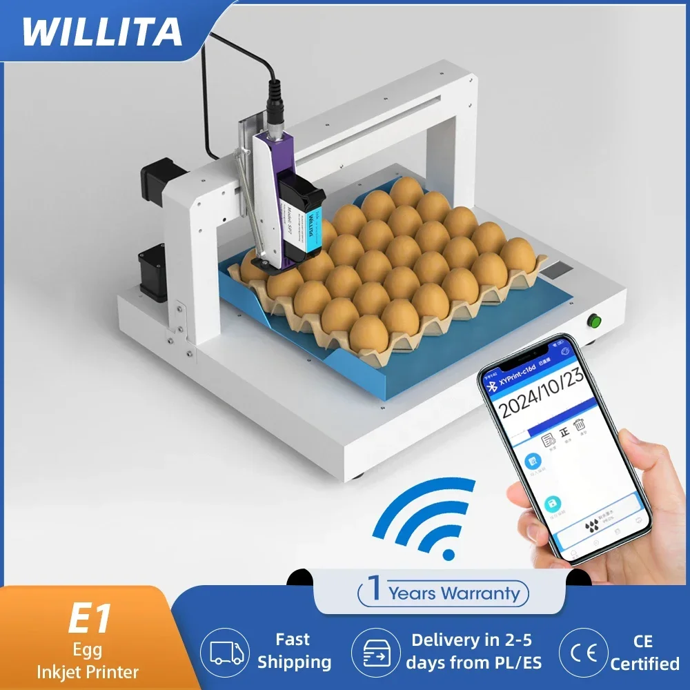 

WILLITA E1 Автоматический струйный принтер для яиц с одной головкой, машина для маркировки яиц, непрерывное приложение, модельный принтер для этикеток, даты истечения срока годности логотипа