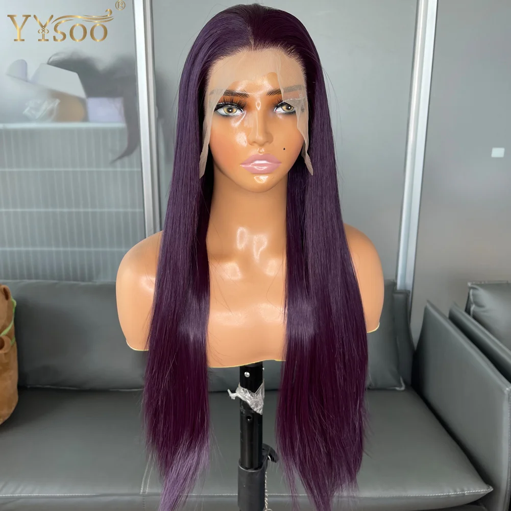 Women's 13x6 Long Straight Purple Wig Futura Synthetic Lace Front Wig Deep Part Glueless Half Hand Tied Wig High Temperature Wig