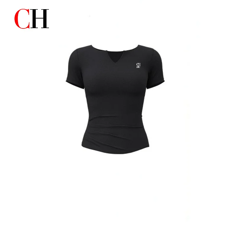 CH V-neck Yoga Short Sleeve Naked feel Quick-dry Fitness Waist-cinching Pleated Sports Top Running Women