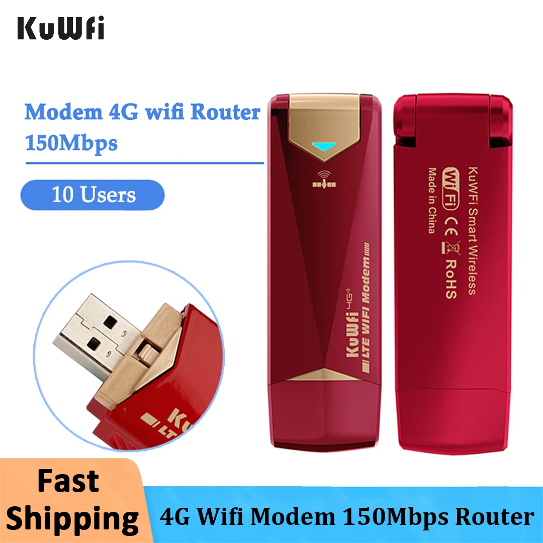 

KuWfi 4G Wifi Modem 150Mbps LTE Router with Sim Card Portable USB Dongle With External Antenna Unlocked WiFi Hotspot Router