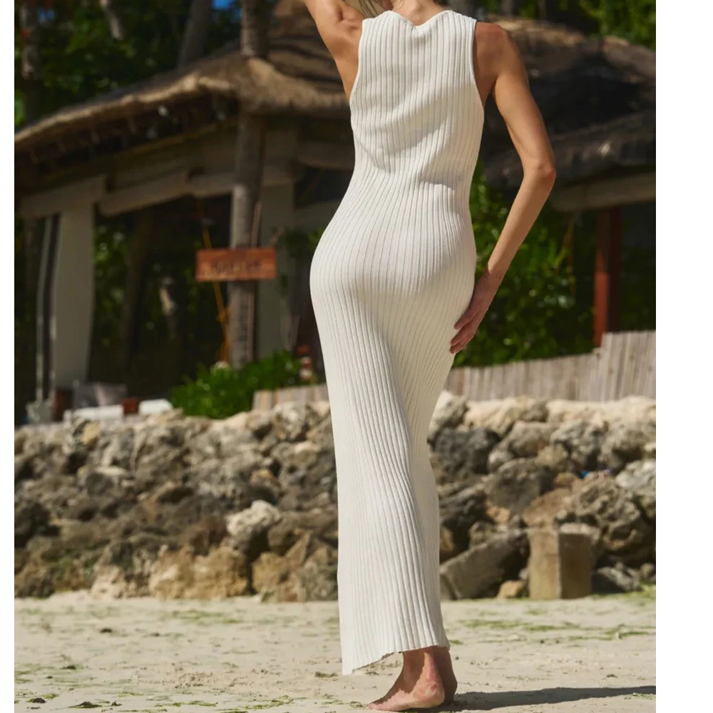 2025 nuove donne di arrivo senza maniche con scollo a V lavorato a maglia abito lungo Boho maxi abito abiti vestiti