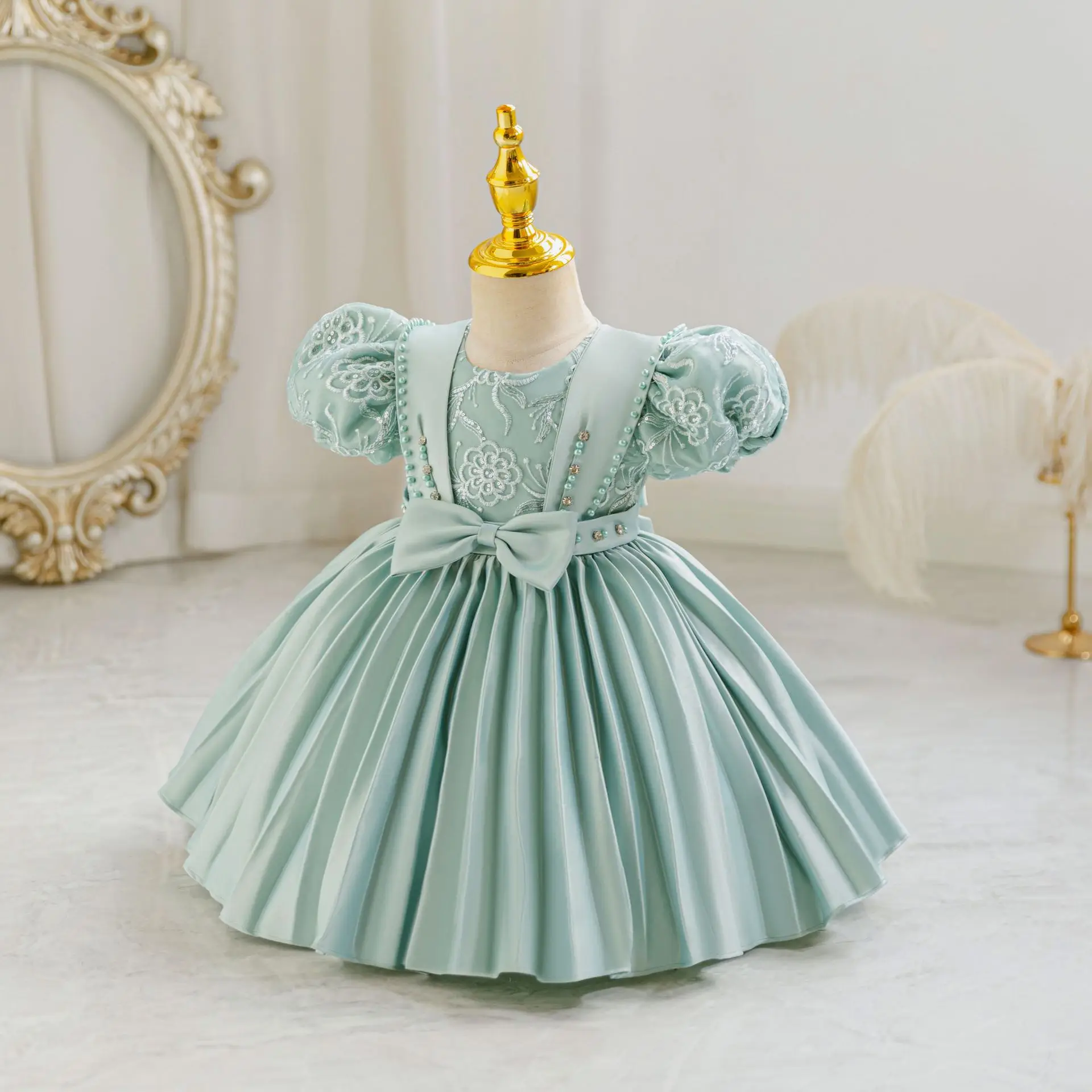 HETISO Girls Baby Embroidery Lace Dress Beaded Birthdays Flower Kids Princess Fluffy Ball Gown 6M-4Y