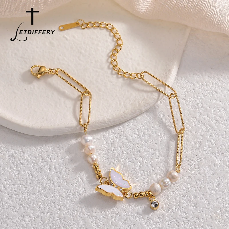 Letdiffery Fashion Butterfly Bracelets Stainless Steel White Beads Zircon Chain Bracelet for Women Party Jewelry Gifts