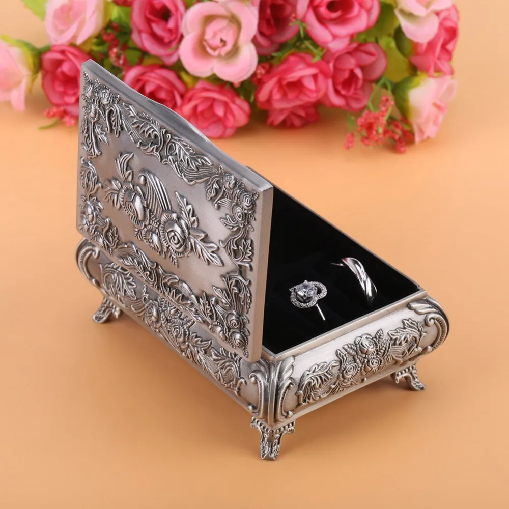 Jewelry Boxes Alloy Jewelry Box Rose Carved Vintage Style Jewelry Case Rectangular Ring Box For Women