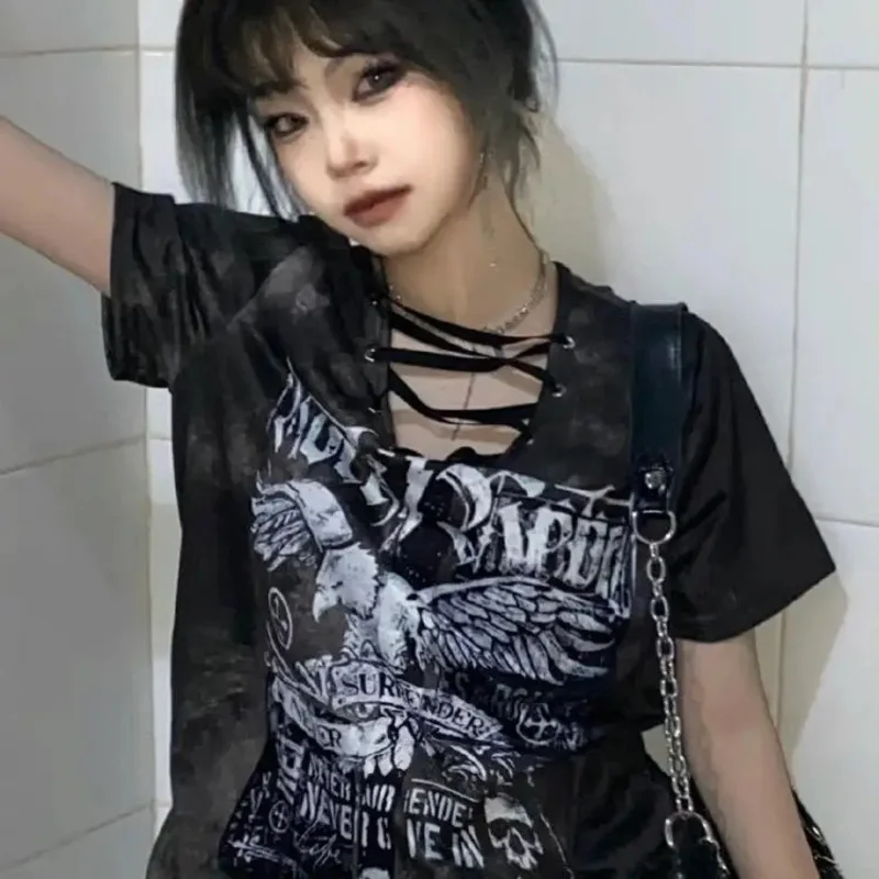 

Punk Subcultural Retro Lace up V-Neck Loose Print T-shirt Y2K Top Summer Short Sleeve Tshirts Women Harajuku Clothing Female