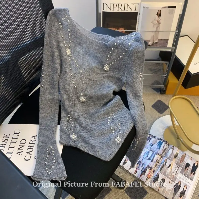 

French Grey Beaded Ripped Sweater for Women in Autumn and Winter Irregular Sweater Versatile Top