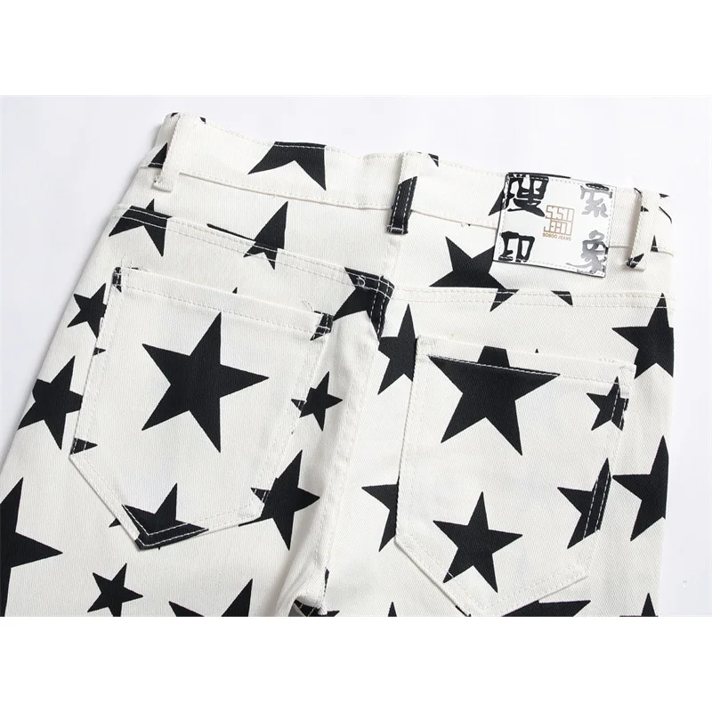 Five-Pointed Star Printed Jeans Men's Fashion High-End Men's Clothing Personality Slim Fit Stretch Skinny Casual White Trousers