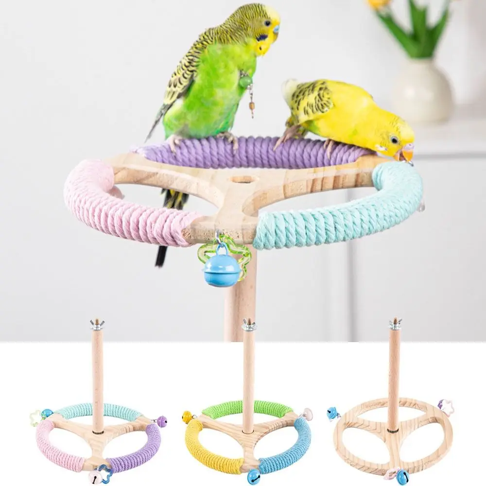 

Solid Wood Rotary Tabletop Bird Perch Comfortable Grip With Bells Wood Bird Training Stand Detachable Quiet