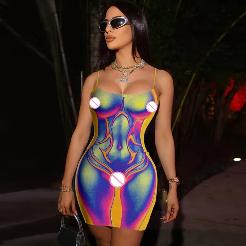 

2023 3D Colorful Print Sleeveless Slips Sexy Bodycon Mini Dress Spring Summer Women Fashion Y2K Clothes Party Club