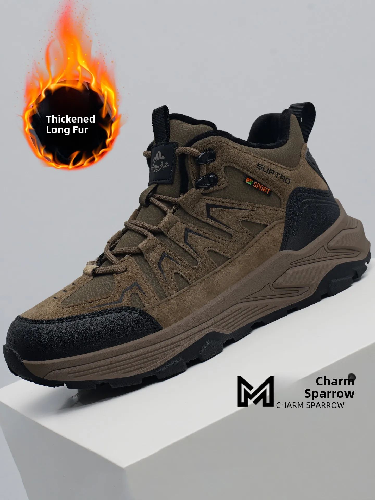 

Men's Winter High-Top Boots Fleece-Lined Outdoor Casual Sports Shoes Warm Cotton Shoes Comfortable Leather Upper Rubber Sole