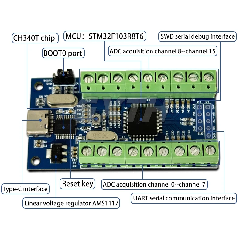STM32 UART Communication ADC Module 16-channel 12Bit AD Sampling Data Acquisition Type-C Interface