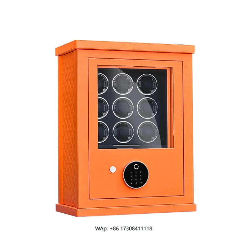 2025 High-End High Quality Orange Leather 9 Watch Winder Digital Fingerprint Combination Lock Valuables Deposit Safe Box