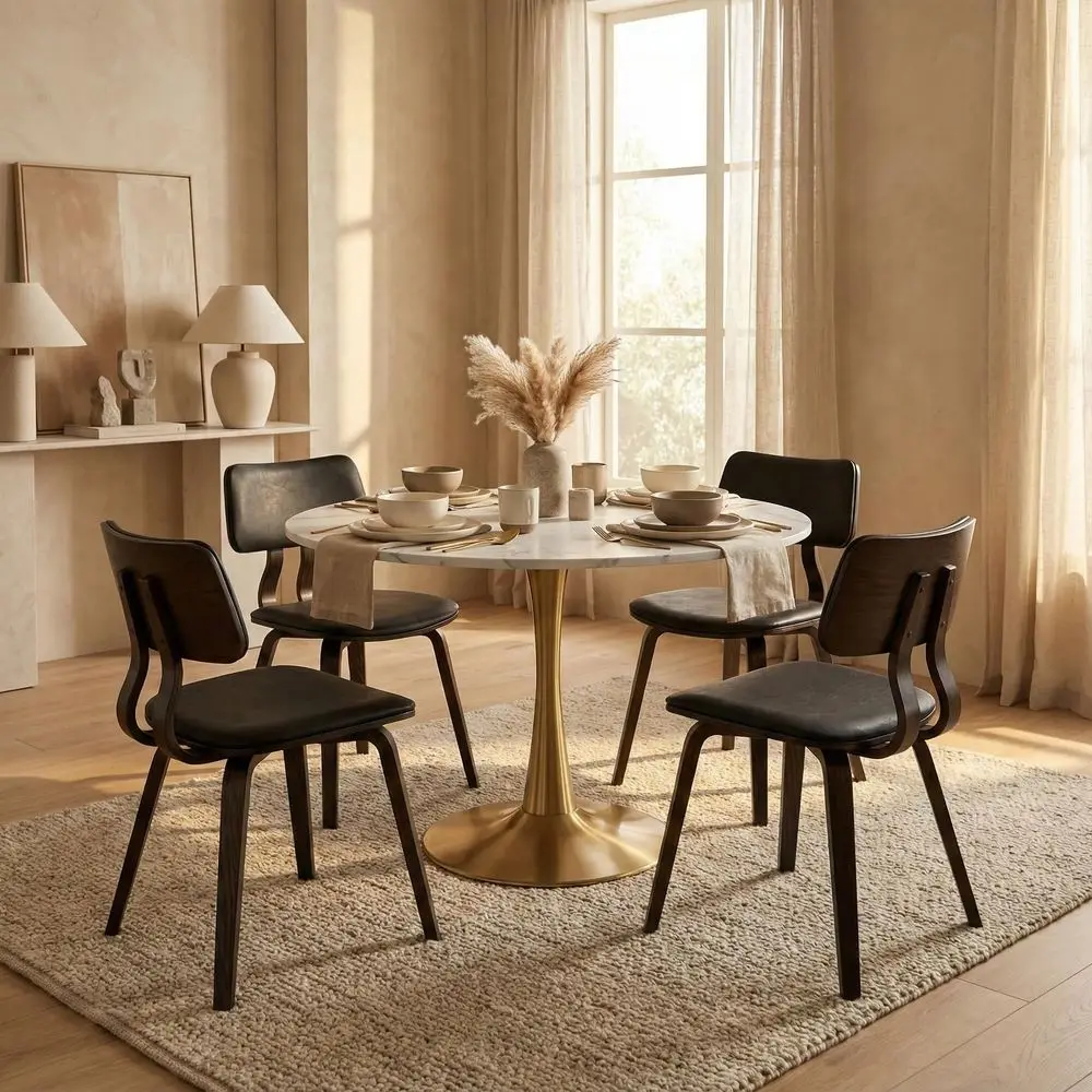 

Bristol 35 Wide Round Dining Table Bivel Design MDF Wood Top and Gold Stainless Steel Pedestal Base Accent Table MidCentury Caf