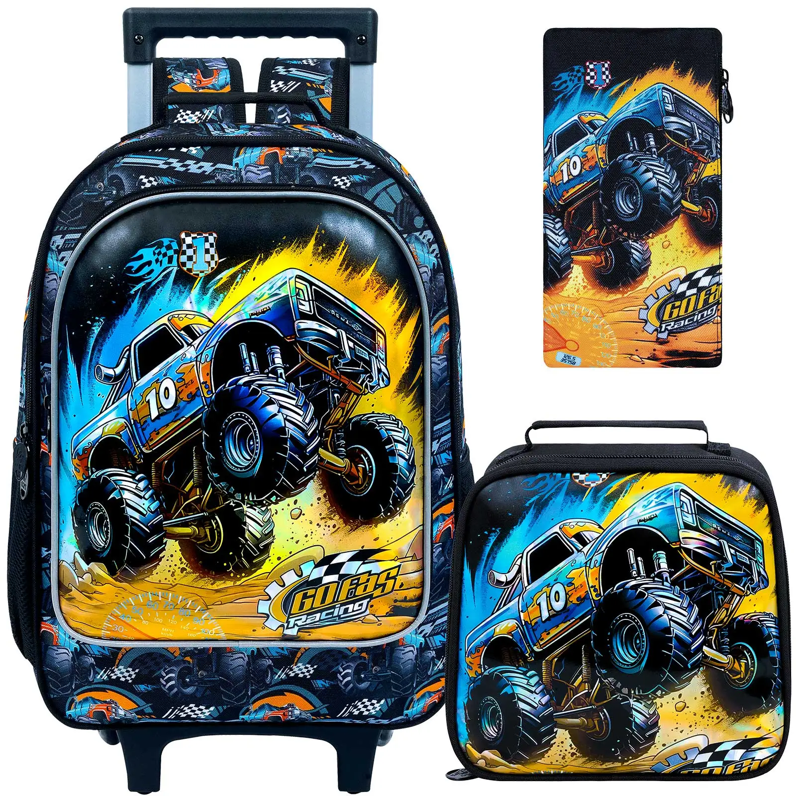 

3Pcs Truck Rolling Backpack for Boys, Kids School Backpacks with Wheels, Roller Bookbag with Lunch Box for Elementary Preschool