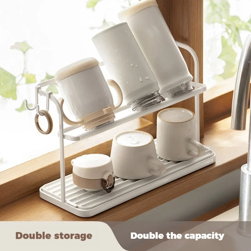 Kitchen and Household Carbon Steel Double-layer Cup Holder Inverted Drain Shelf Tea Set Cup Storage Rack Kitchen Organizer