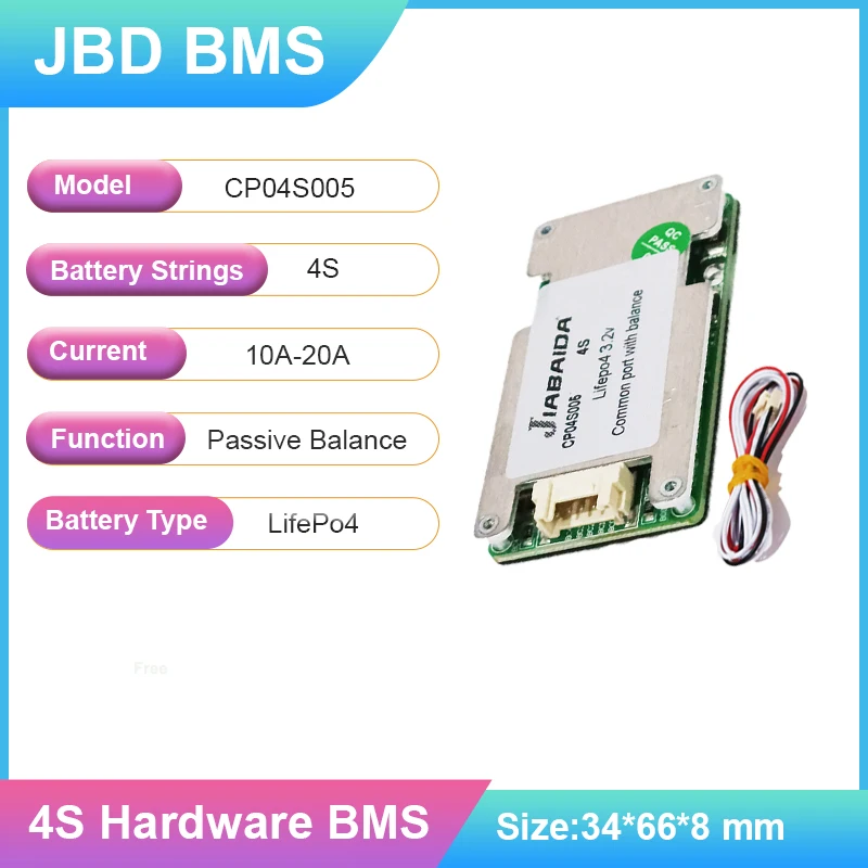 Jiabaida BMS Lifepo4 4S 12V BMS 10A 15A 20A Same Port Balance Battery Management Systems For Solar Street Light Lithium Battery