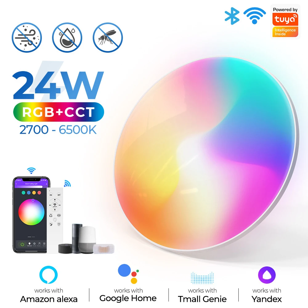 

24W Tuya Smart RGBCW Ceiling Light APP Voice Control WIFI LED Panel Light Stepless Dimmable Bedroom Kitchen Home Decor Lighting