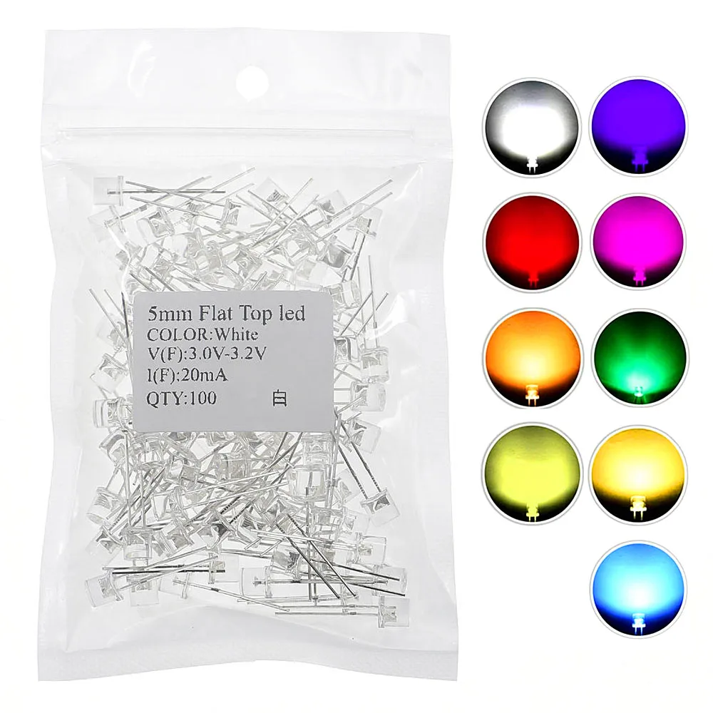 100 pz/pacco F5 5mm LED diodo emettitore di luce Flat Top bianco caldo rosso blu verde UV arancione giallo rosa indicatore della lampada della