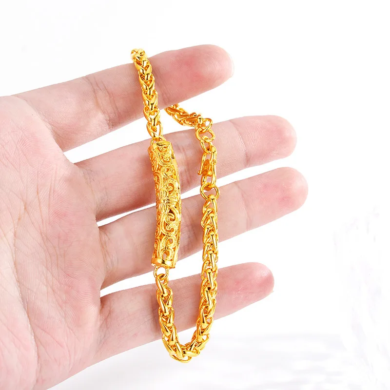 Fine AU999 gold jewelry lifetime auspicious cloud pattern bracelet 24K pure gold coin cylindrical hollow wrist chain