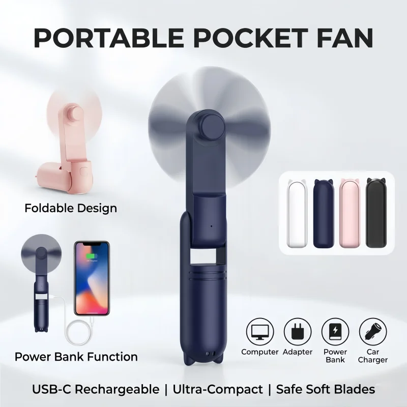 XIAOTREE Portable Mini Handheld Fan Small Pocket Fan USB Rechargeable Battery Fan Folding Cooling USB Hand Fan with Power Bank