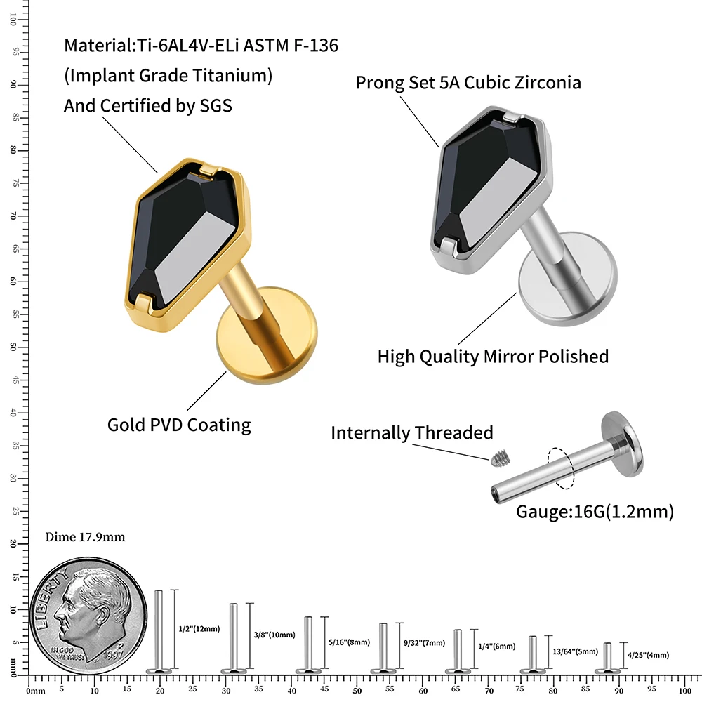 الحق جراند ASTM F136 التيتانيوم 16 جرام نعش على شكل تشيكوسلوفاكيا Labret الزنمة مونرو الغضروف محارة اللولب قرط الاذن المرصع ثقب مسطح