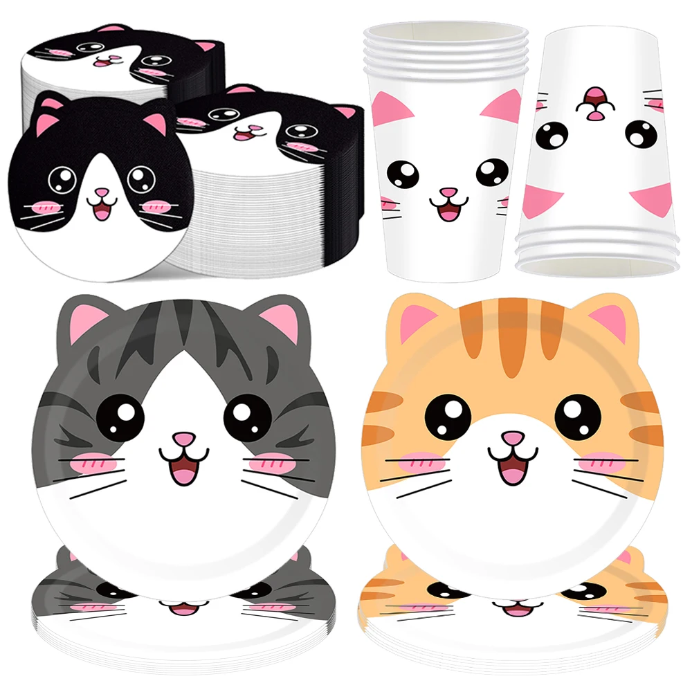 Cute Cats Shaped Paper Dinner Plates Napkins Cup Cat Birthday Party Plates Tableware Cat Theme Decoration Kids Birthday Party