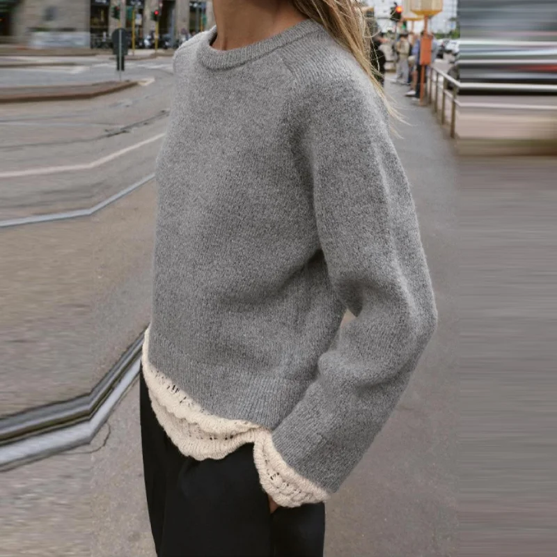 

Basic Round Neck Sweater for Women Splicing Lace Hem Long Sleeves Knitted Pullovers Casual Versatile Tops 2025 New Lady Sweaters