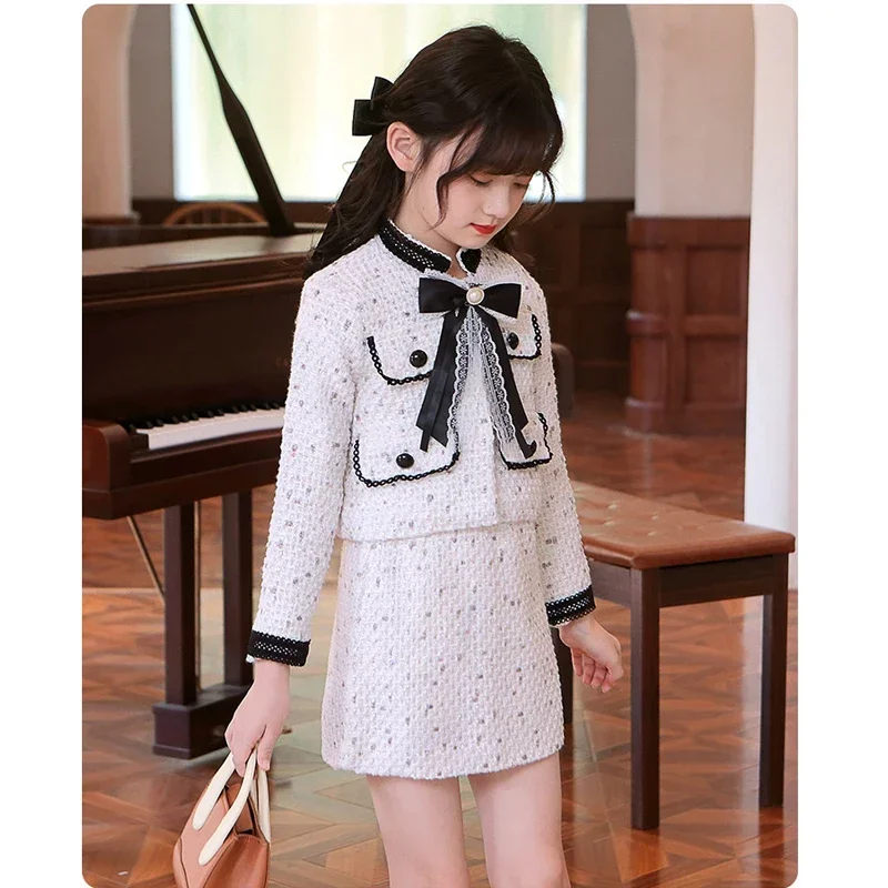 2pcs Elegant Girl Clothes Sets New Spring Autumn Children\'s Bow Tie Coat Skirt Set Boutique Kids Teenager Girls Clothing Outfit