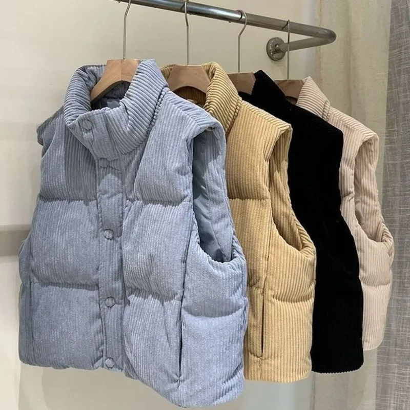 Winter Short Sleeveless Vest Women Stand Collar Corduroy Cotton Padded Warm Waistcoat Korean Style Thermal Windproof Outerwears