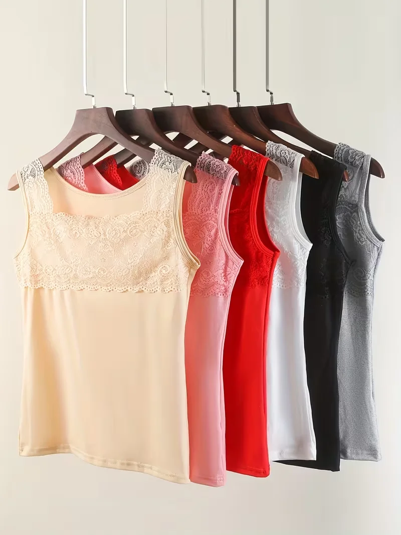 6-Piece Set of Women's Camisoles, Available in Various Colors, Spring/Summer Lace-Trimmed Sleeveless Base Shirts, Slim Fit, Breathable and Cool Fabric, Low-Cut Neckline, Versatile Outerwear Tank Tops