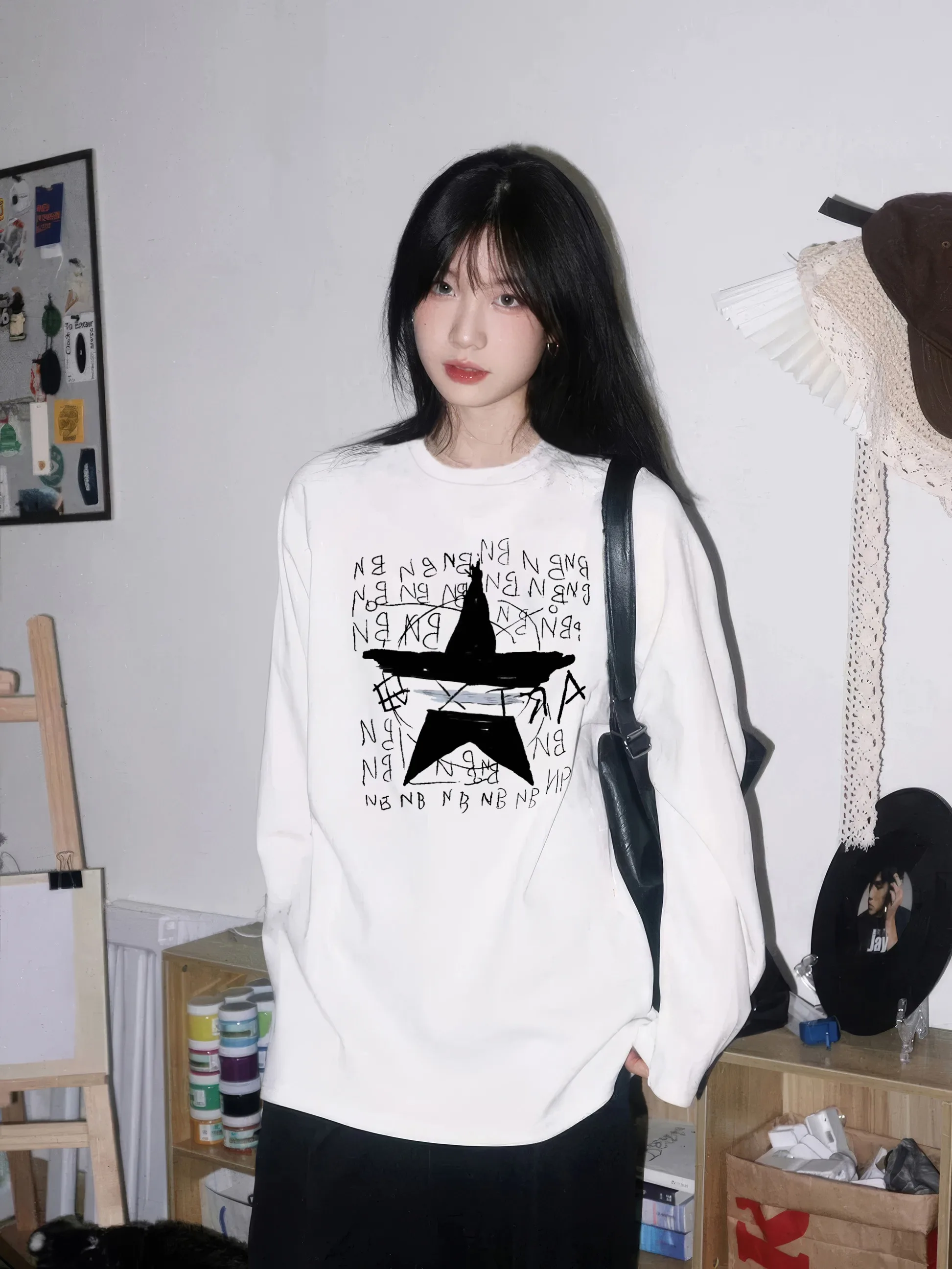 100% Cotton Long sleeved T-shirt Women Autumn 2025 New American style Letter Print T-shirt Loose Casual Y2k Top Female clothing - Image 3