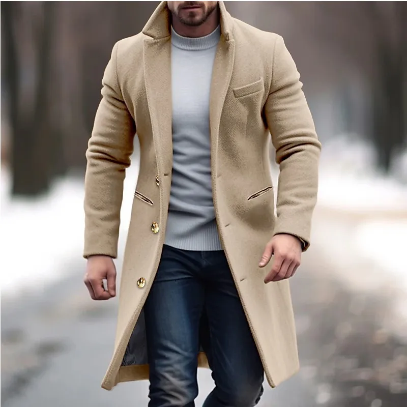 Men's New Korean Long Jackets Mid-Length Urban Casual Woolen Coat for Men Style Slim Windbreaker Winter Warm Windbreaker