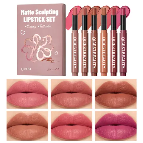 QIBEST Matte Sculpting Lipstick Makeup Set Moisturizing Lasting Lipstick Pen Nude Purple Lip Stain Tint Nourishing Lip Cosmetics