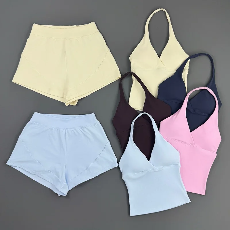 2 Piece Yoga Set Women Halter Deep V Neck Wrap Top Quick‑Dry Athletic Shorts Stretchy Gentle on Skin Suit Gym Workout Sportswear