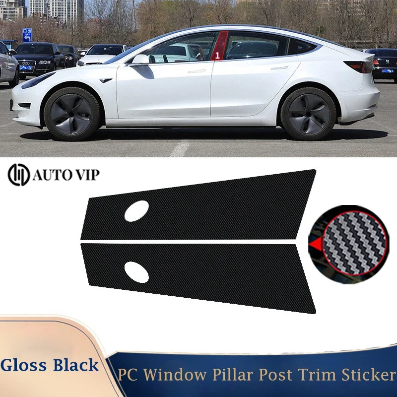 

2Pcs Car Exterior Window Pillar Post Covers Trim Glossy Black Decoratve Stickers for Tesla Model 3 carbon fibre 2017-2022