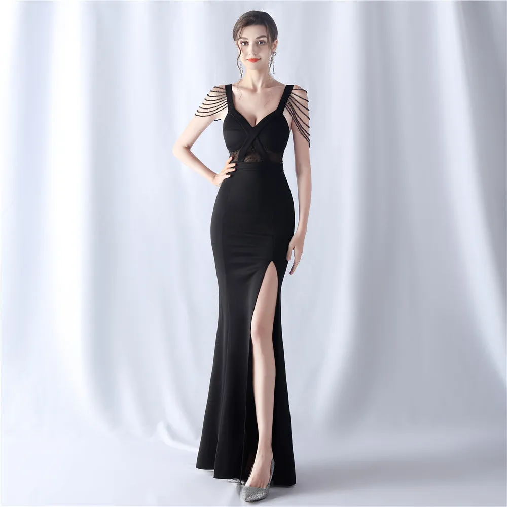 DEERVEADO Sexy Deep V Neck Soft Satin Evening Dress Luxury Beading Party Maxi Dress Women\'s Long Formal Occasion Dress